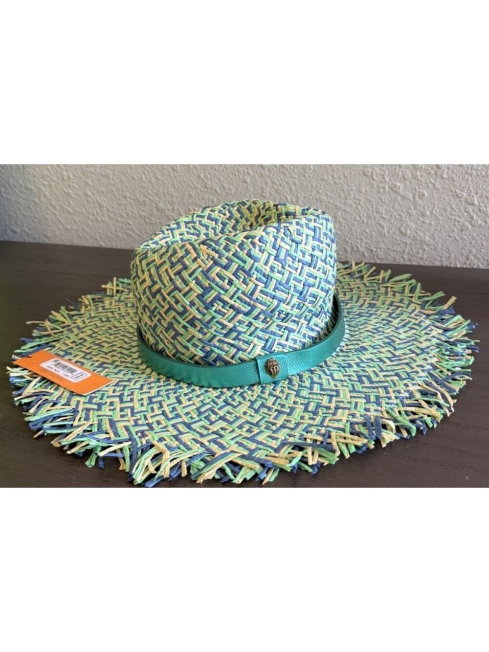 Kurt Geiger London Woven Straw Sun Hat Blue Green Fray Trim Eagle NWT